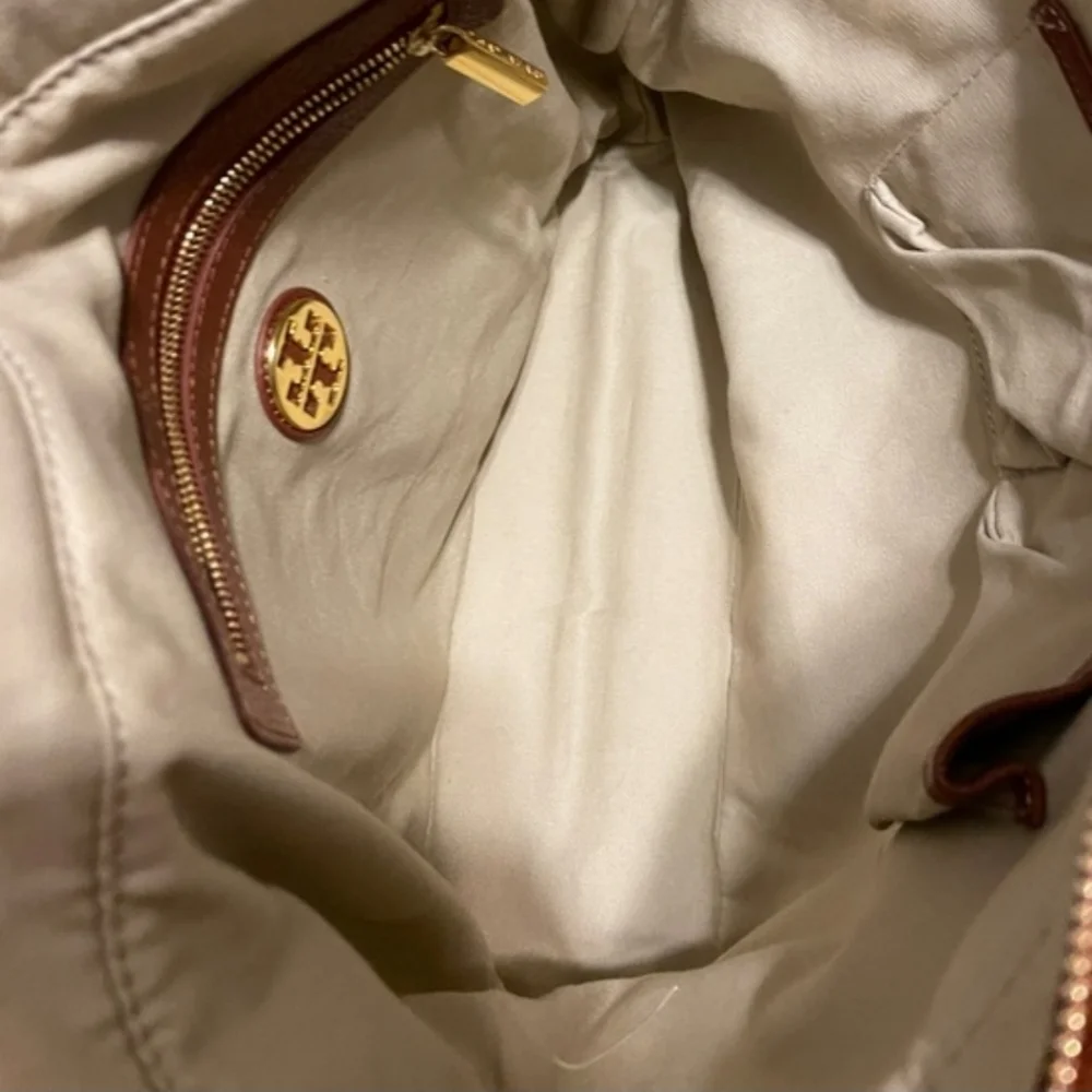 Tory Burch Cognac Jardin Pebbled Leather Tote with Navy Trim